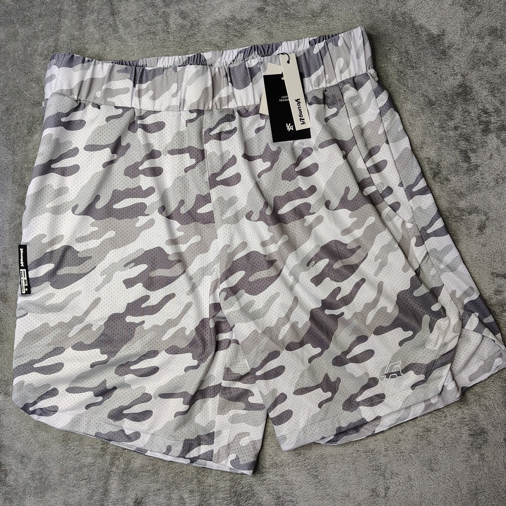 YoungLA Shorts Mens XL Gray Camo Elastic Waist Drawstring Lined Yacht Club NEW